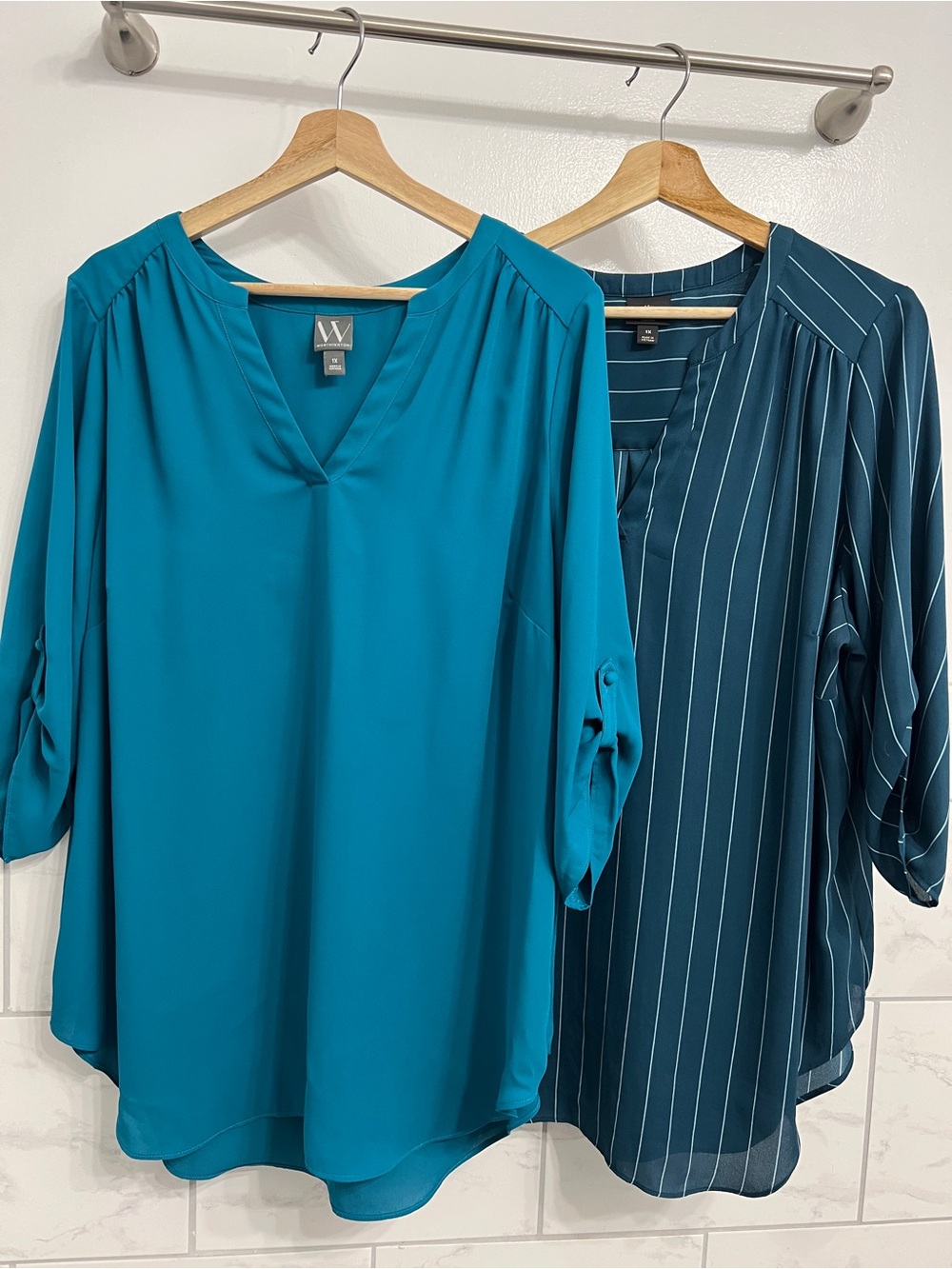Bundle (2) Career Blouses Teal V-Neck Tunic & Dark Teal Pinstripe - Size 1x